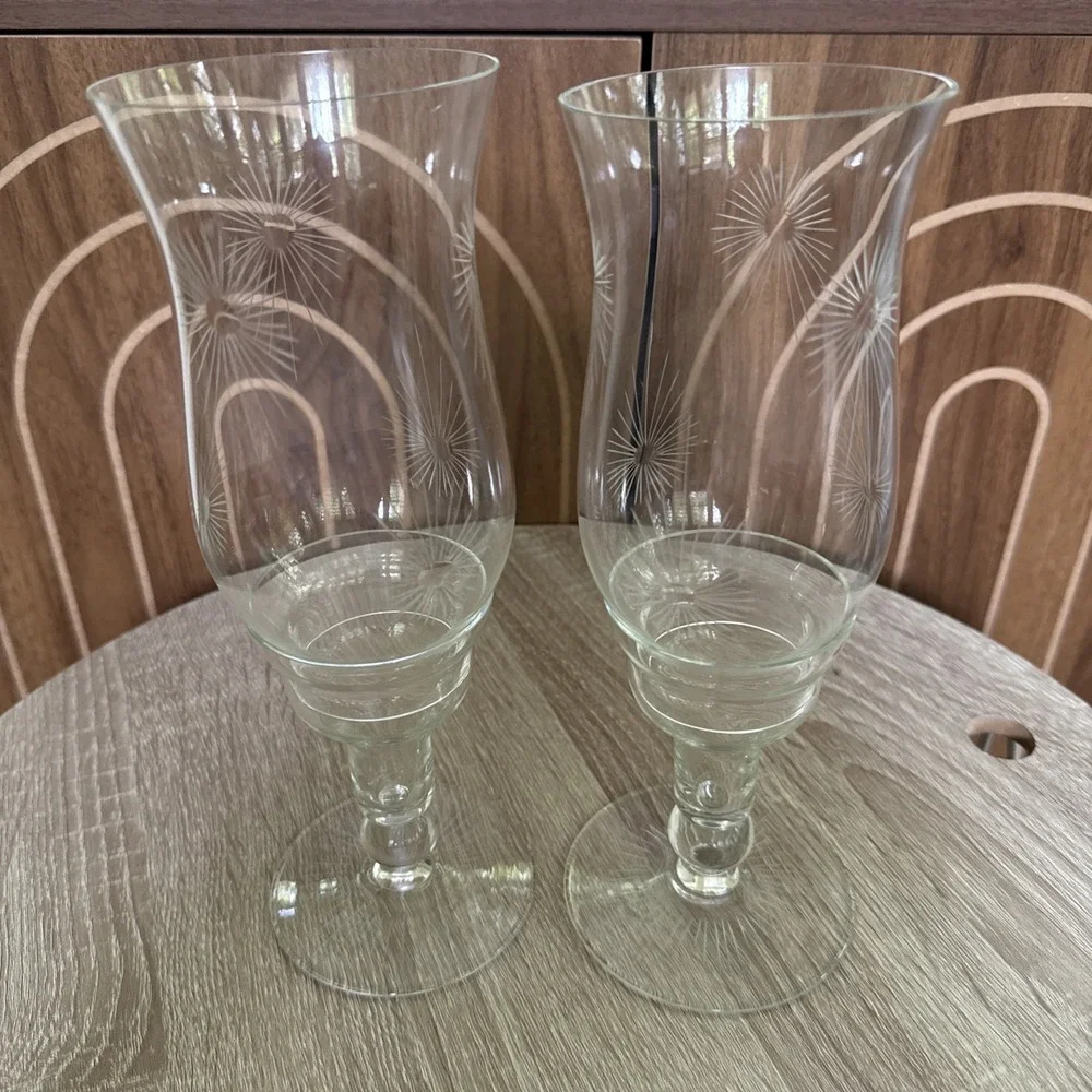 2 Atomic Starburst Crystal Taper Hurricane Candle Holders Stemmed Etched MCM